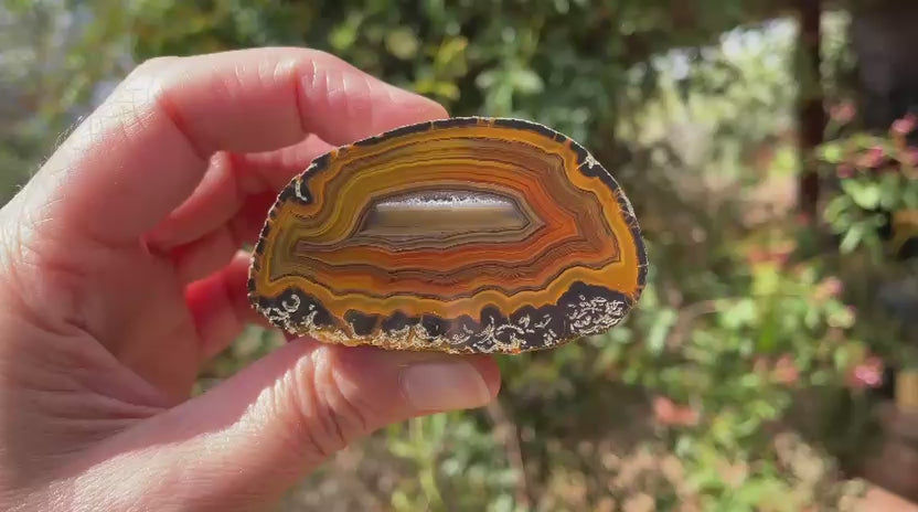 Lilangabi agate 63 mm – rotating view, waterlines, chromatism, fortification banding, scalloped banding