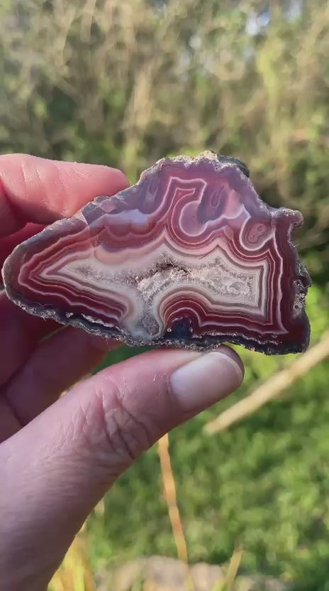 Video of natural hand-polished Malawi agate 66 mm – full specimen, sard-red to burgundy-purple fortification banding with sinuous flow channel and blue-grey chalcedony border, Ngabu deposit | SKU 000336