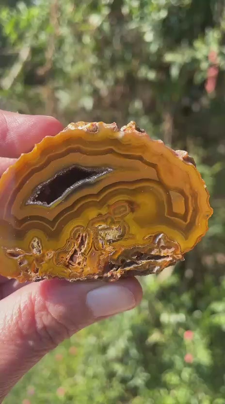 Lilangabi agate 63 mm – video, druzy vug, scalloped banding, amber and golden yellow palette, Eswatini | SKU LIL00030